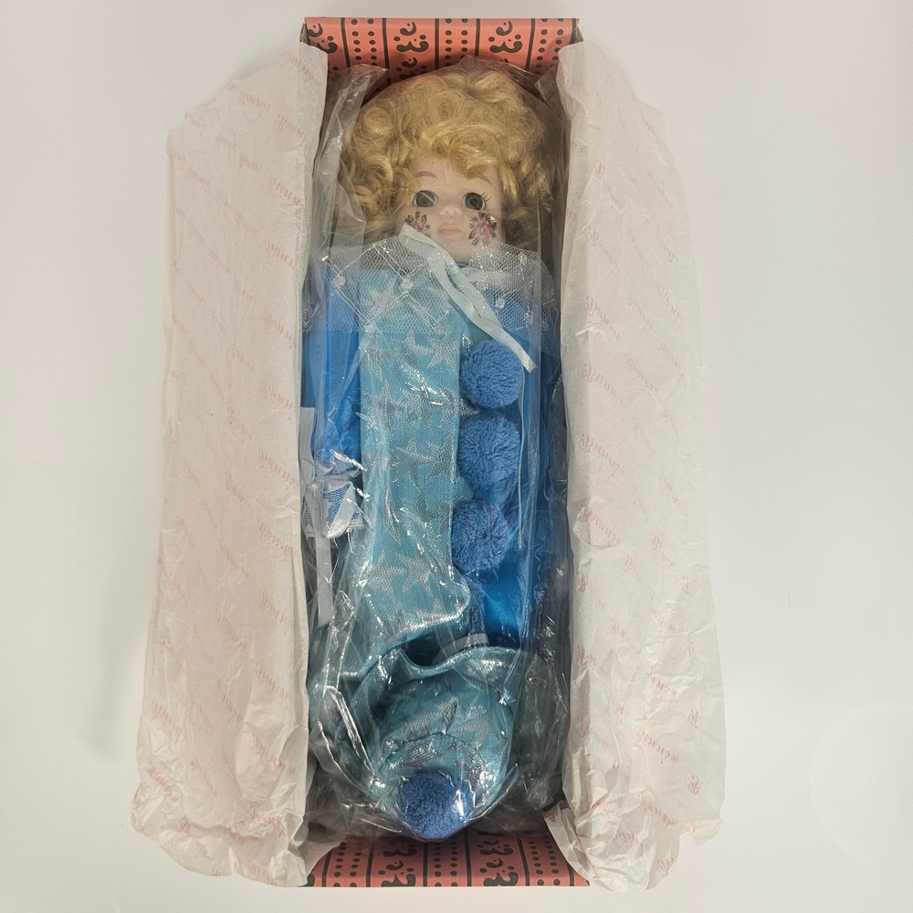 Brinn's Collectible Porcelain Clown Doll Blue Satin Lace Star Blonde Hair NIB